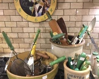 Antique Crocks & crock bowls, Antique/Vintage green handled kitchen tools. Gone with the wind clock
