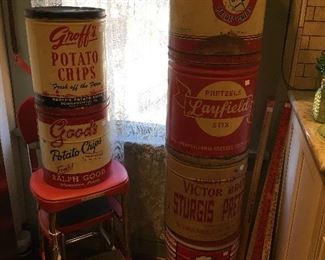 Antique/Vintage Red Kitchen Step Stool, Large Antique Tins, Potato Chips, Lard, Pretzels