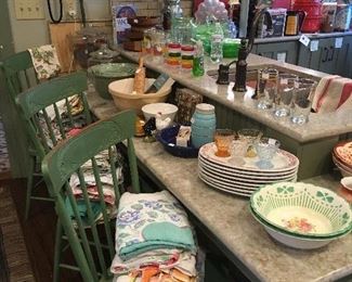 Set of 4 Antique Green Painted Kitchen Chairs. Large amount of Vintage/ Antique Kitchen Tablecloths with patterns. 1930’s ,40’s, 50’s