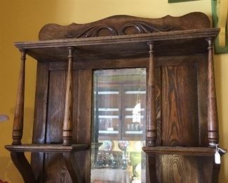 Antique Oak Hanging Mirror with Shelf