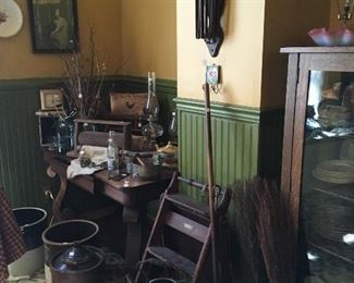 Antique Stepstool/Chair , Antique Table, Antique Crocks, Antique Washer wringer