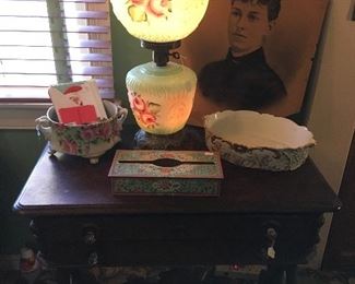 Antique 2 drawer desk, Antique Gone with the Wind Lamp