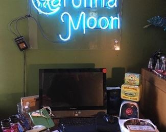 Antique Oak Desk, Computer, Vintage Neon Sign ( Carolina Moon)
