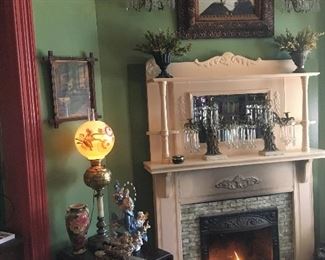 Antique, drop side 2 drawer table. Antique Gone with the wind lamp