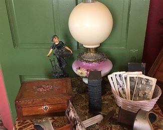 Antique Stereoveiws & stereoptic viewers . Antique Wooden Hand pained Jewelry box, Antique Bronze Statue, Antique Gone with the wind lamp