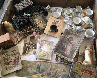 Antique children’s dishes, Antique children’s games, antique holiday postcards