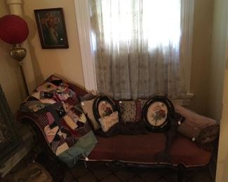 Antique Crazy Quilt, Antique Fainting Couch, Antique Brass Floor Lamp with fabulous cranberry glass globe!