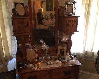 Antique Dresser with Mirror, Antique Frames, Perfumes, Soaps