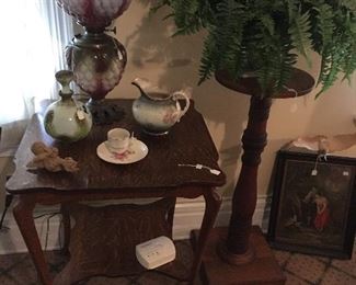 Antique Oak Table, Antique Oak Plant Stand, Antique Gone with the wind lamp