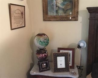 Antique marble top side table, Antique Gone with the wind lamp