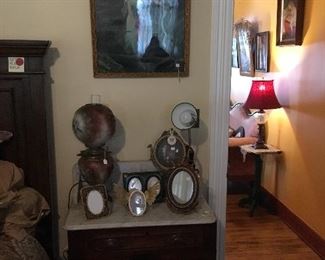 Antique marble top side table, Antique Gone with the wind lamp . Frames