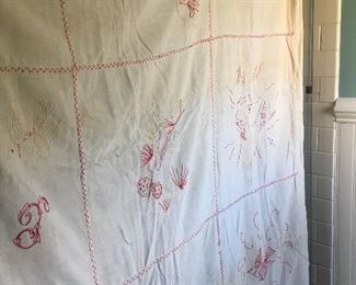 Antique Redwork Linen Bedspread dated 1896
