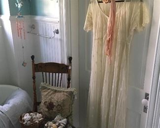 Antique lace dress & Hat. Antique Chair
