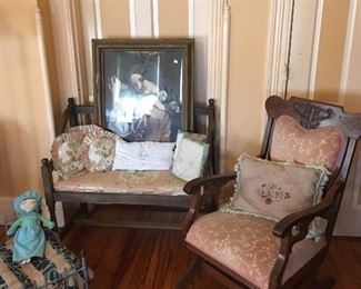Antique Cast Iron Doll Bed, Antique Settee, Antique Rocker Chair, Embroidered Pillows