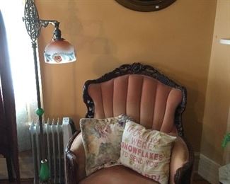 Antique Floor Lamp with green marble, Antique Chair, Reverse Painting On Glass