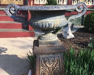 Pair of Beautiful Antique Cast Iron Garden Urns with Plinth Stands!