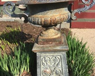 Pair of Beautiful Antique Cast Iron Garden Urns with Plinth Stands!