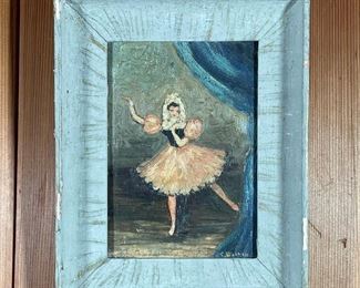 Lot 2 | OUTSIDER ART BALLERINA PAINTING | Folk art, oil paint on cigar box lid, showing a ballerina in pink dress, artist signed indistinctly lower right, in a painted cove frame