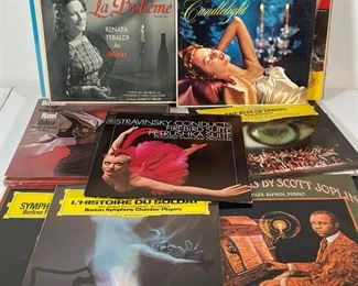 Lot 70 | CLASSICAL & THEATER RECORD COLLECTION | A large collection with records featuring names such as Wagner, Stravinsky, and Toscanini, and show titles including "Oklahoma" and "Carmen"