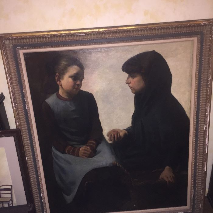 very large antique oil painting of two woman, unsigned but master work for sure 
