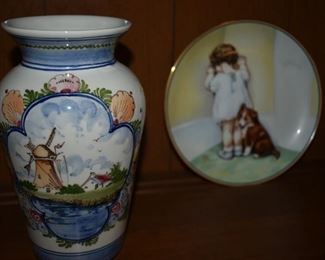 Beautiful Hand painted Vase and Collector "Pease" Plate
