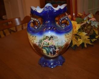 Gorgeous Antique Dbl Handled and Hand painted Flo Blue Vase (Again, No Reproduction) Signed with Double Lion Crest as Victoria Ware, Ironstone