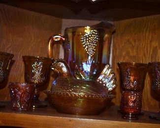 Collection of Beautiful Carnival Glass with Grape and Cable Pitcher and Glasses, Toothpick Holder and Hen on a Nest