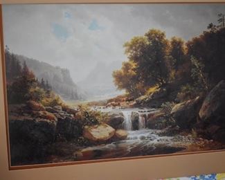 Beautifully Matted Painting of River Gorge Scene with Cattle and Cattle Driver. (signed by Artist in lower right hand corner if you can read it in the next picture)