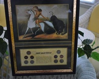 Beautifully Framed Print of Native American Hunting Buffalo the print also includes the Indian Head Cent and the Buffalo Nickle, minted coins of the time that honored the Native American Indian