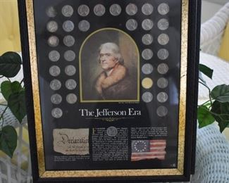 Beautifully framed print of Jefferson and many samples of the Jefferson Nickel