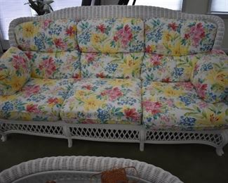 Gorgeous, Like New, and Quality Sun Room White Wicker Floral Cushioned Sofa nearly the entire Sun Room  Matches. Just think Quality, Like New and enough pieces to fill Your Sun Room! Why not purchase the entire matching set!