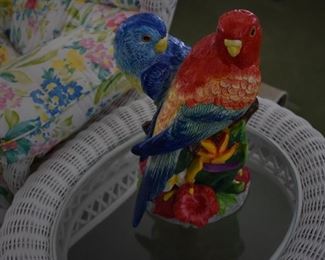 Gorgeous Pair of Colorful Parrots sitting atop a Beautiful Oval Wicker and Glass Top  End Table that matches the set!