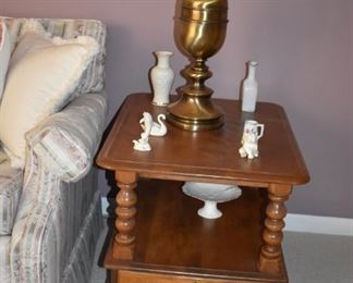 The other Mid-Century Ethan Allen End Table with Matching Lamp, Lenox Vase and Swan, Porpoise and Elephant Figurines and more!