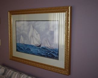 Gorgeous Scrolled Gold Framed and Matted Sailing Ship Painting signed by J. E. Buttersworth
