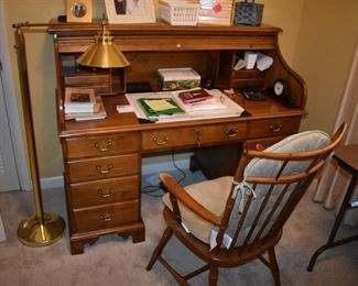 Roll Top Desk in Great Condition, Spindle Back Chair, and Piano, Desk or Reading Lamp