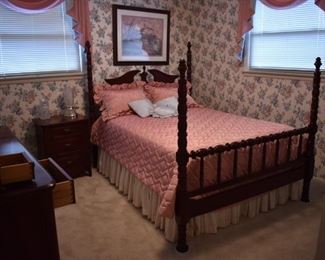 Davis Cabinet Company "Lillian Russell" Bedroom Set in Beautiful Condition consisting of 4 Poster Bed, Nightstand and Gorgeous Dresser with  7 Drawer Dresser, Glove Box and Trinket Top Drawers and Absolutely Lovely Ox-Bow Shevel and Oval Mirror with loads of Pillows on the Bed! 
