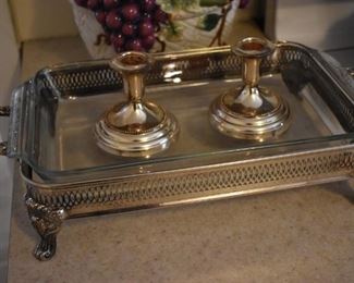 Sterling Silver Candle Holders and Silver Footed Serving Dish with Pierced Sides and Glass Baking Dish insert