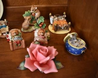 Lovely Porcelain Flower with Teddy Bear, Rabbit, and Mice Figurines