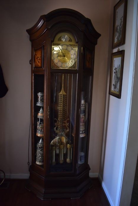 Tempus Fugit Curio Grandfather Clock made in Germany with lighted Curved Glass Curio - Gorgeous!