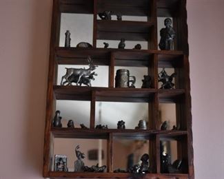 Vintage Pewter Figurines on Mirrored "What-Not" Shelf - Figurines include: Reindeer, Stein, Lighthouse, Warrior, Camel,  Man in Frumpled Suit,  Monkey's, Penquin, Frog,  and Much More!