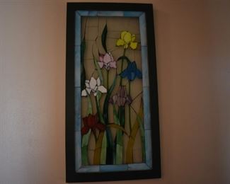 Beautiful Framed Leaded Glass Artwork of Flowers