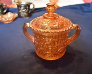 Vintage Marigold Rose Sugar Bowl Carnival Glass with Handles -Imperial Cambridge
