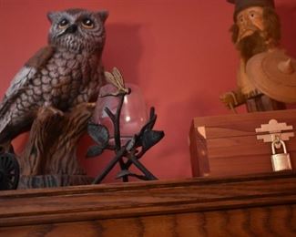 Collectible Owl Figurine, Wooden Nut Cracker, Toy Iron Cannon, Locked Cedar Box and Dragon Fly Candle Holder