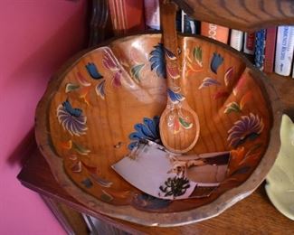 Beautiful Vintage Tole Painted Wooden Salad Bowl with matching Spoon