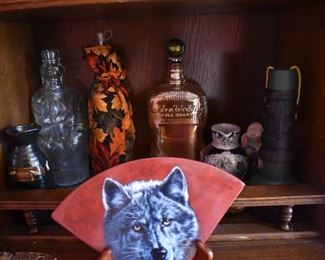 Vintage and Antique Bottles, and hand painted Wolf on Stone Fan