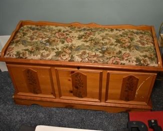 Vintage Tole Painted Cedar Chest with padded seat top
