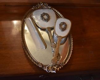 Beautiful Vintage Dresser Set with Comb, Hand Mirror, Brush and Ornate Mirrored Dresser Tray