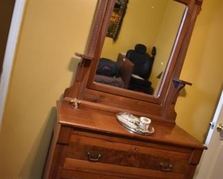 Antique Eastlake 3 Drawer Chest with Ornately Framed Shevel Mirror with Burled Accents on Drawers and Frame