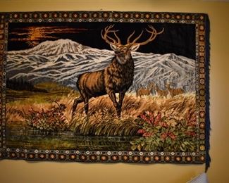 Vintage Felt Art Rug of Reindeer and Snow-capped Mountains