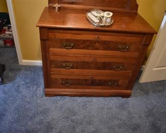 Antique Eastlake 3 Drawer Chest with Ornately Framed Shevel Mirror with Burled Accents on Drawers and Frame